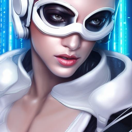 Cyberpunk Woman Portrait in Reflective White Leather