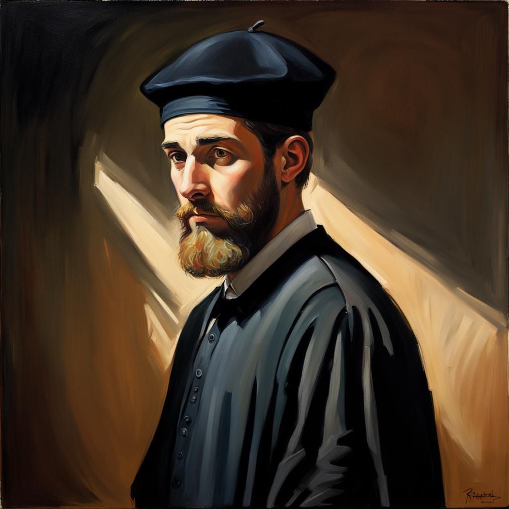 Rembrandt-Inspired Haredi Man Approaches Podium with Intense...