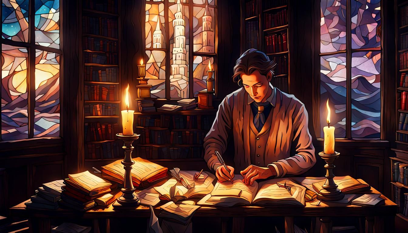 Surreal Writer in Mystical Tower Oil Painting