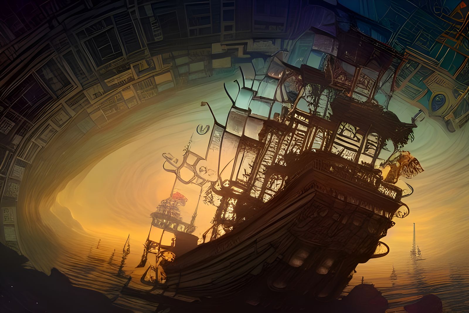 Treasure Map and Pirate Ship Fusion in Gothic Art