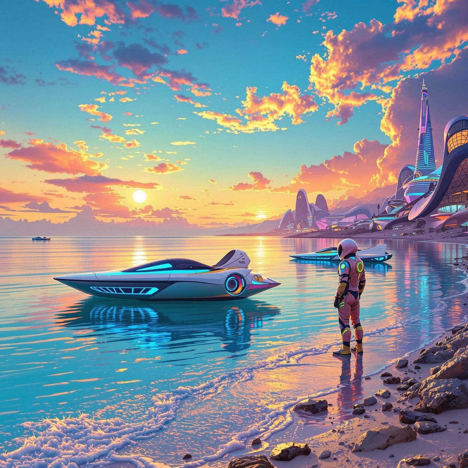 Vibrant Sunset on Alien Beach Planet with Futuristic Buildin...