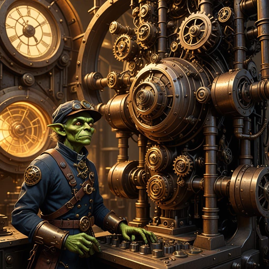Goblin Clockwork Engineer in Golden-Lit Fantasy City