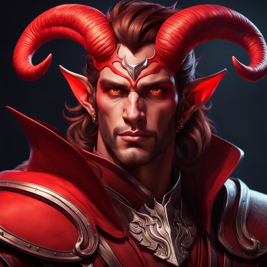 Red Tiefling Portrait with Glowing Eyes, Detailed Digital Ar...