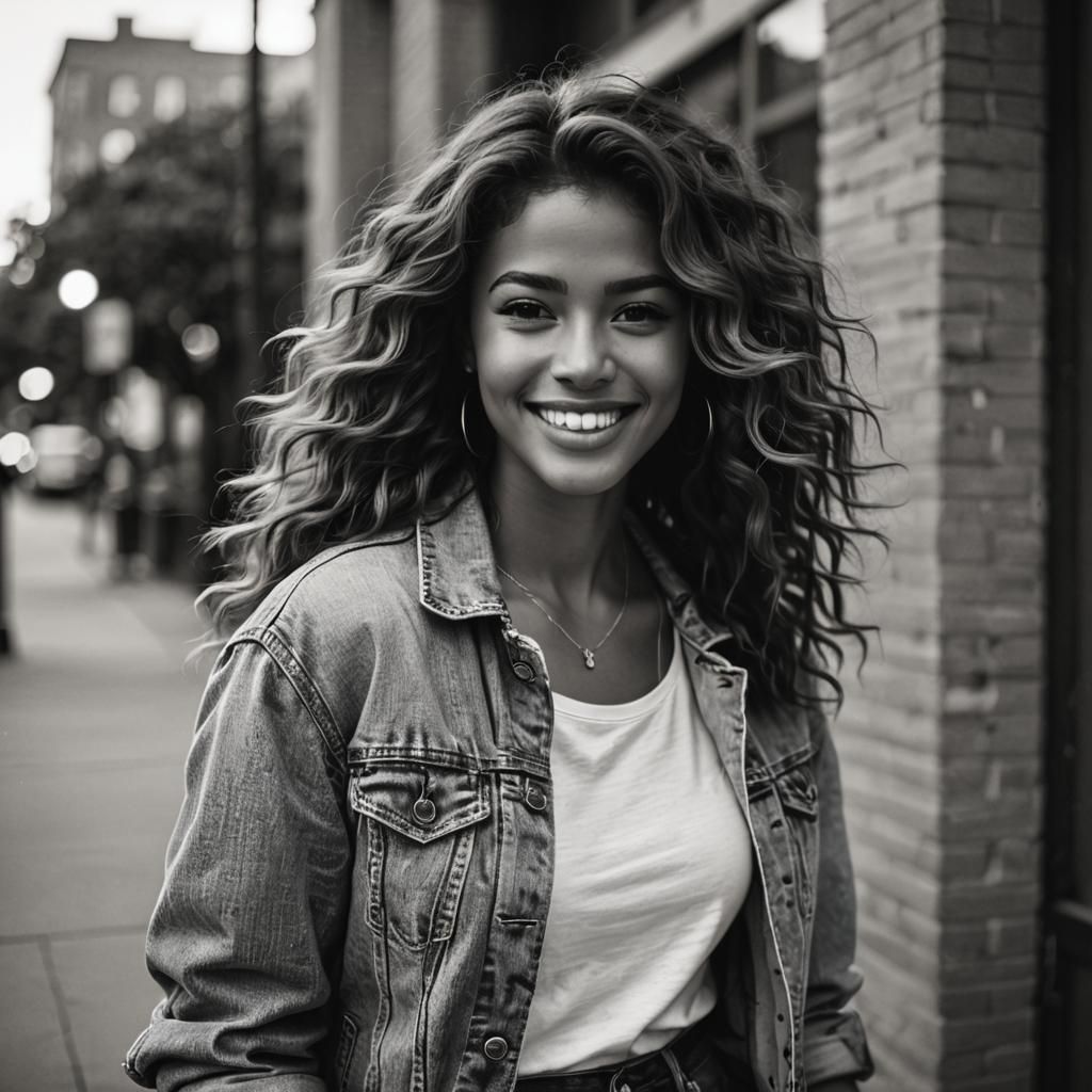 Black and White Fashion Photo of Smiling Woman