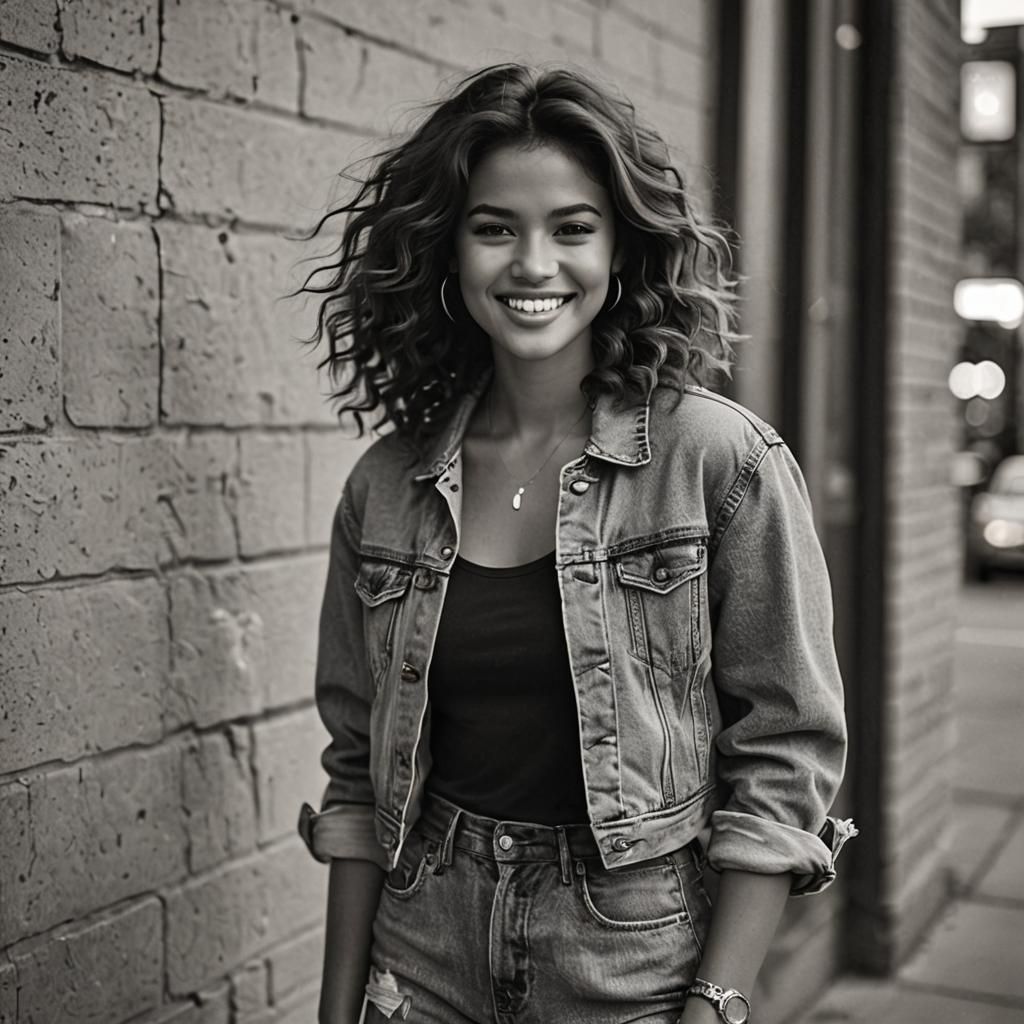 Black and White Photo of Smiling Woman in Denim