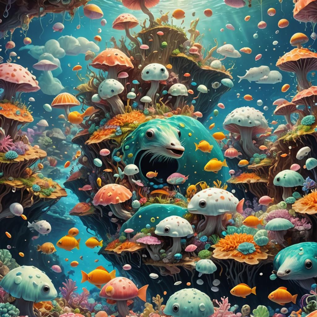 Surreal Underwater Cyclone with Marshmallow Aliens