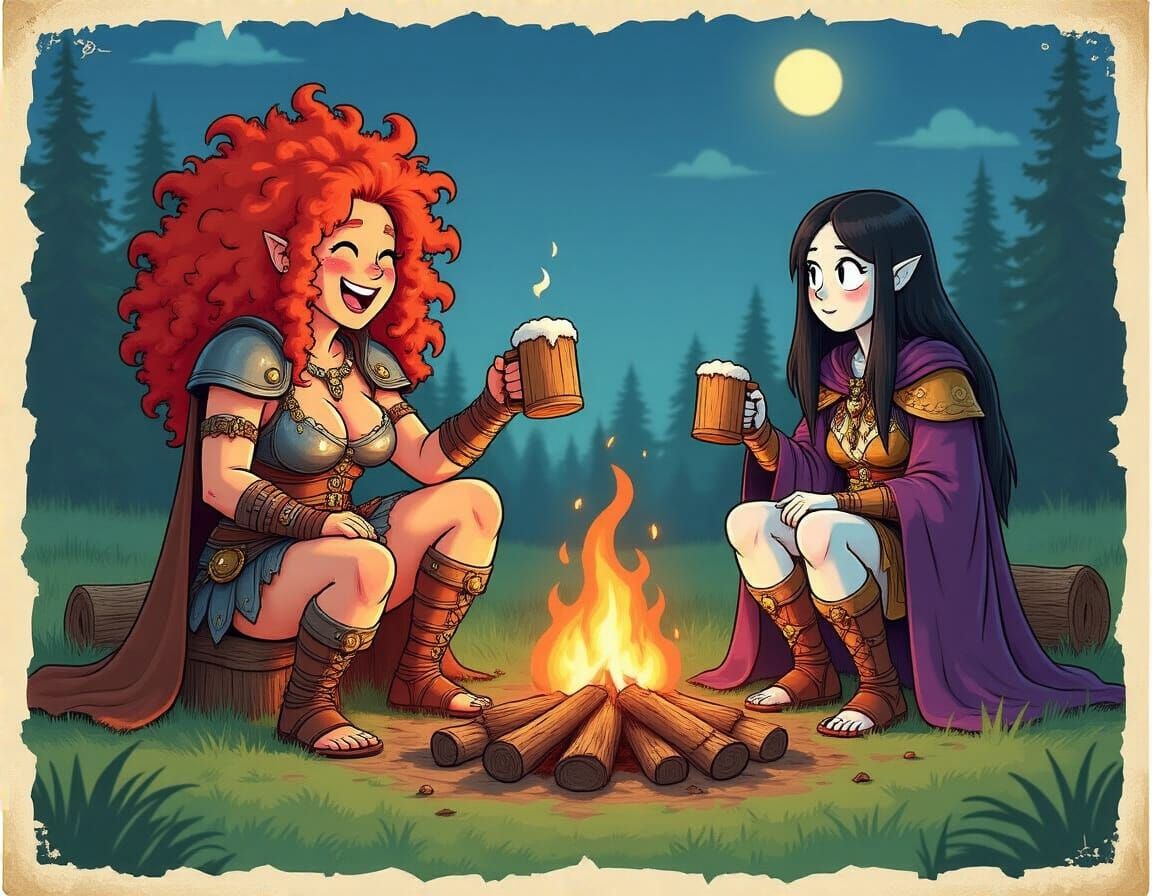 Barbarian and Wizard Toasting by Campfire, Retro Cartoon