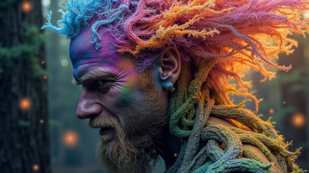 Fractal Faced Man with Rainbow Moss in Dark Fantasy Style