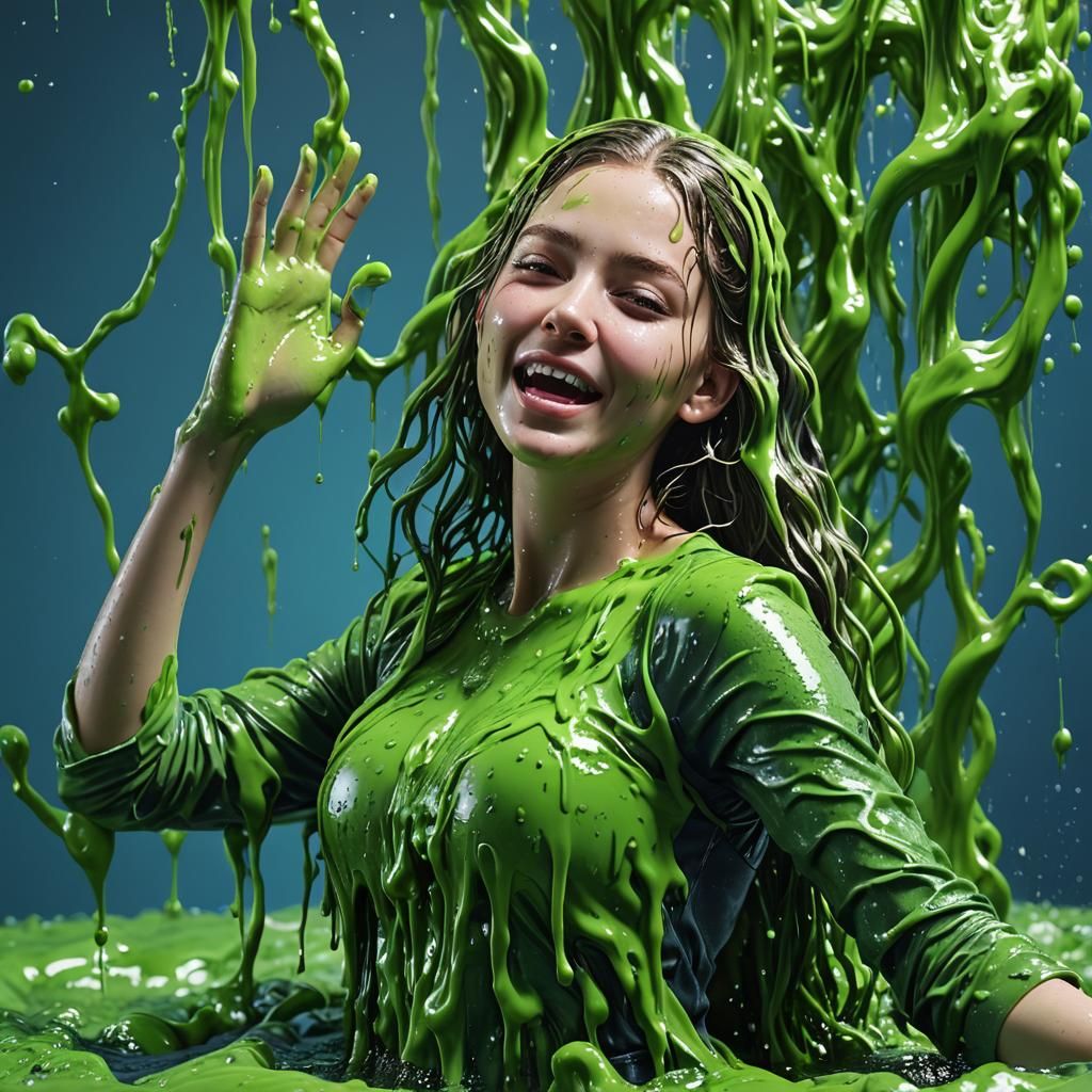 Girl Covered in Glistening Green Slime, Photorealistic Art