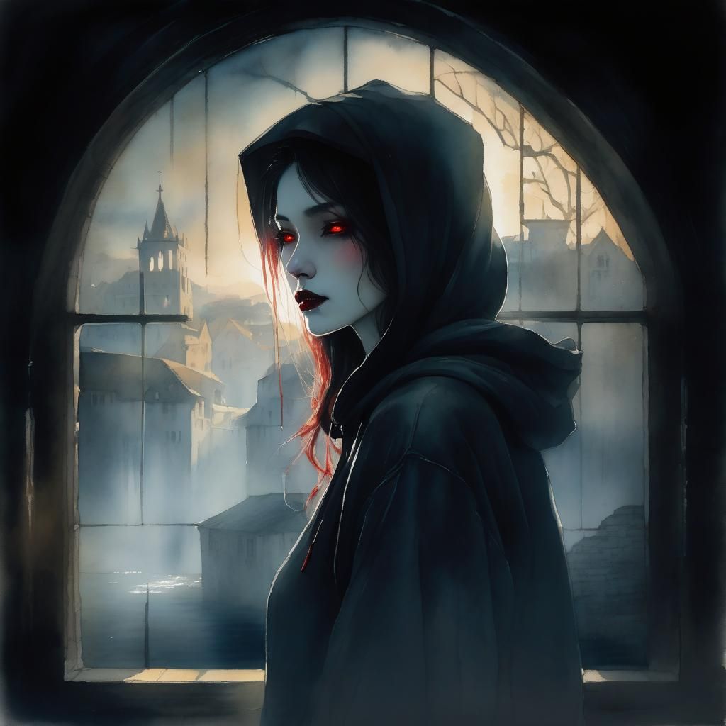Vampire Lady in Dark Cellar Watercolor Painting