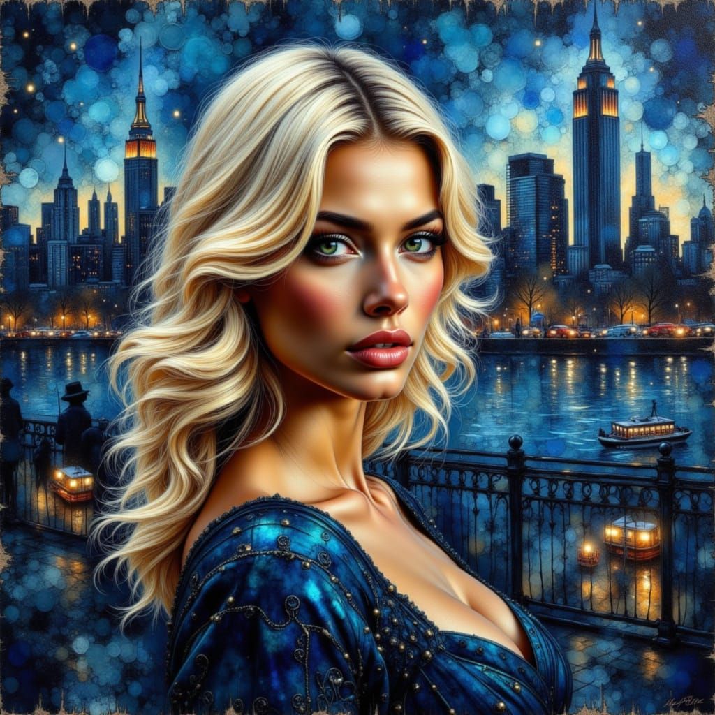 Blonde Woman in New York City at Dusk Impasto Painting