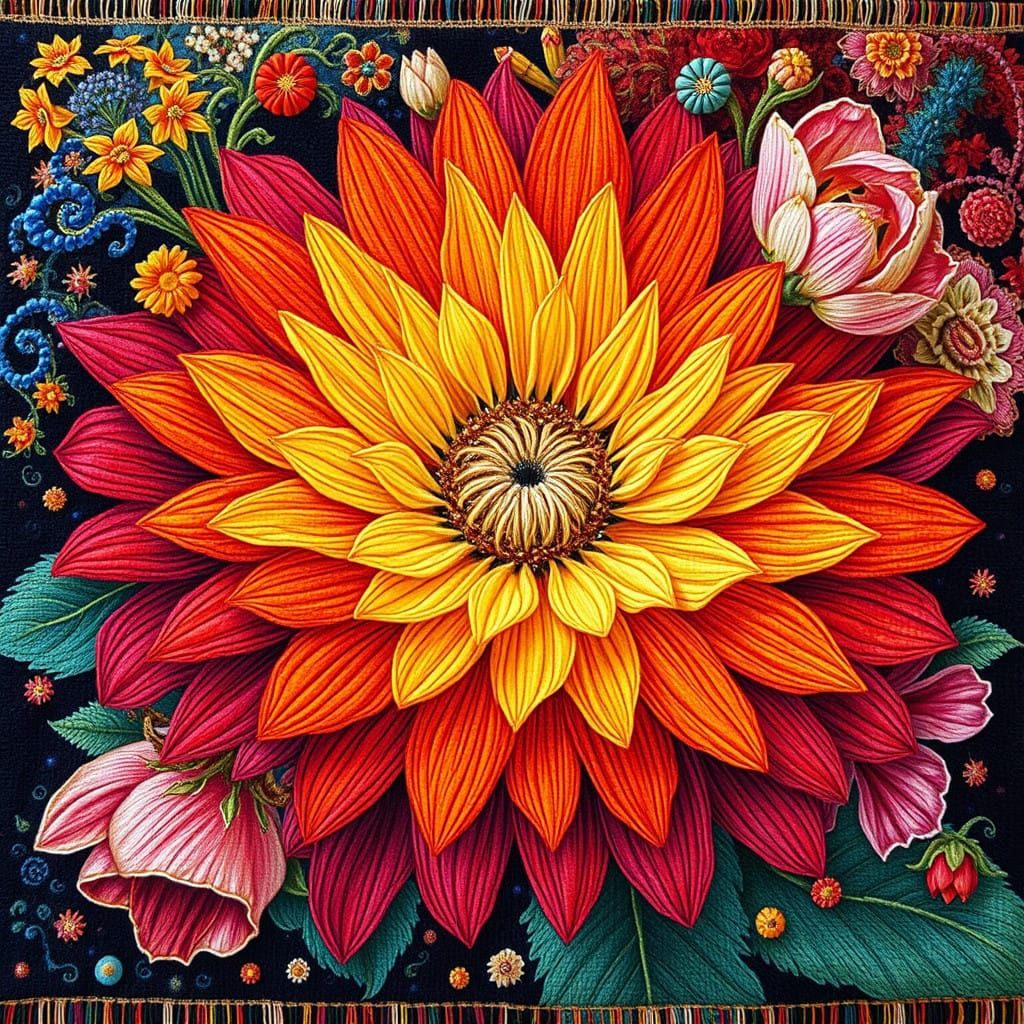 Woven Tapestry Surrealism , Eksodus Dariusz Zawadzki, vibrant flower power, intricate