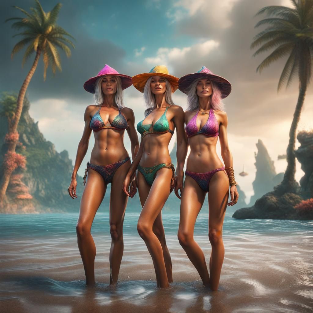 Lustful Mature Women in Bikinis: Detailed Matte Painting
