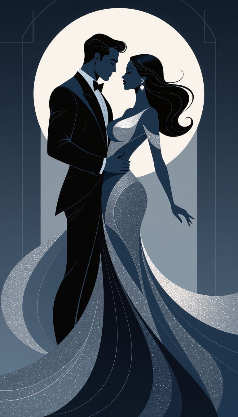 Art Deco Dance Couple in Silver Linework