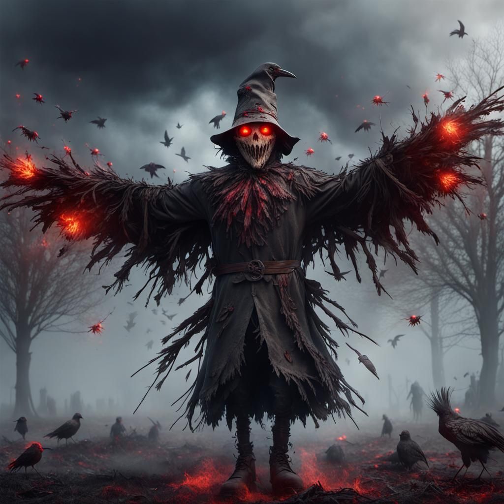 Eerie Scarecrow of Crows Exploding into Fog