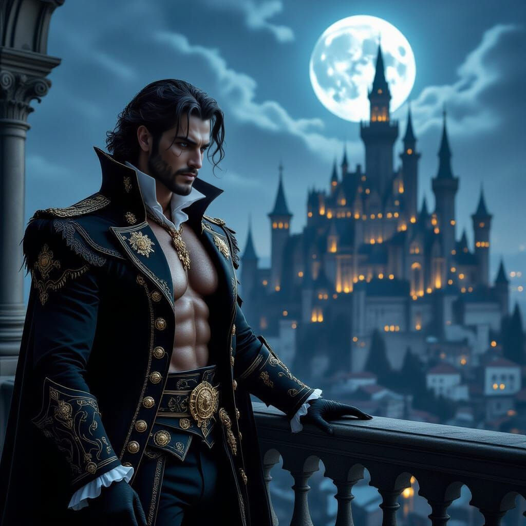 Steampunk Vampire King Overlooking Moonlit City
