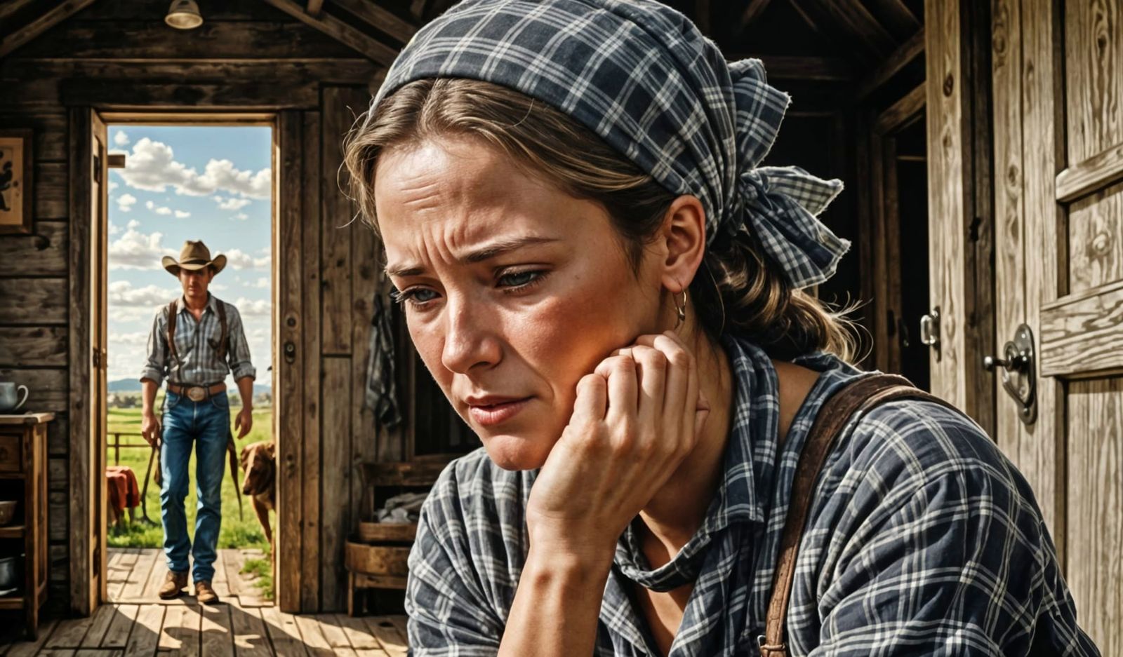 Emotional Farmhouse Scene: Weeping Housewife and Cowboy Silh...