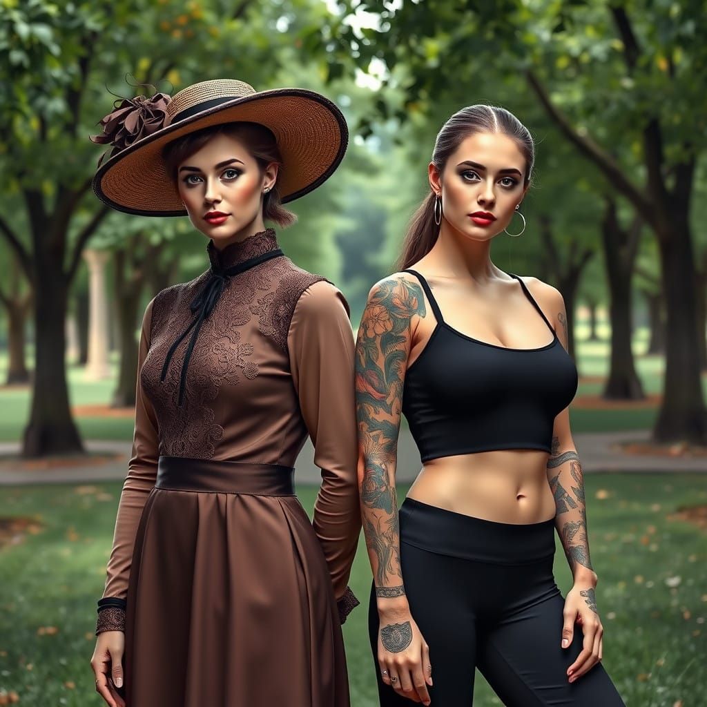 Hyperrealistic Twin Women in a Lush Park