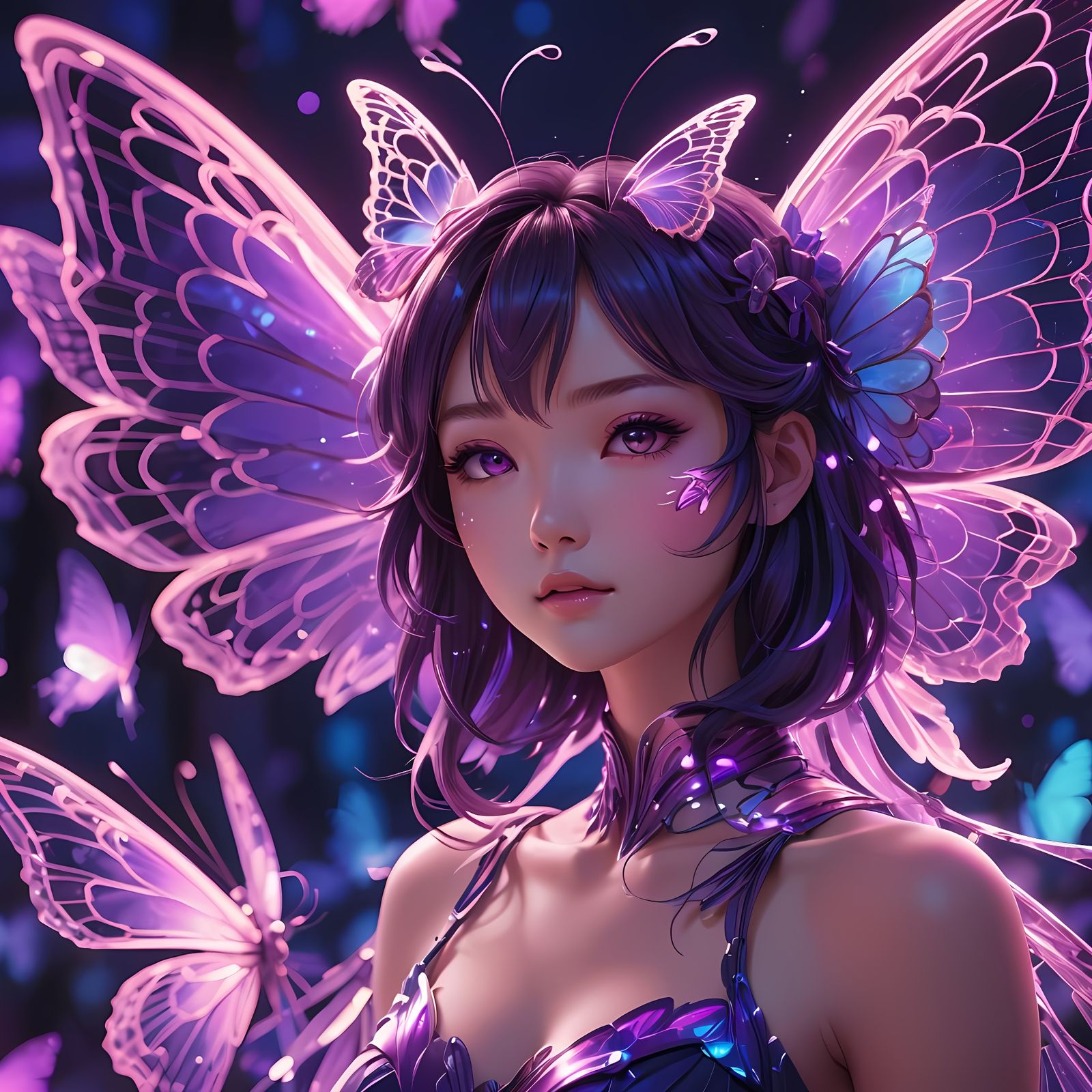 Neon Butterfly Girl: Vibrant 3D Anime Art