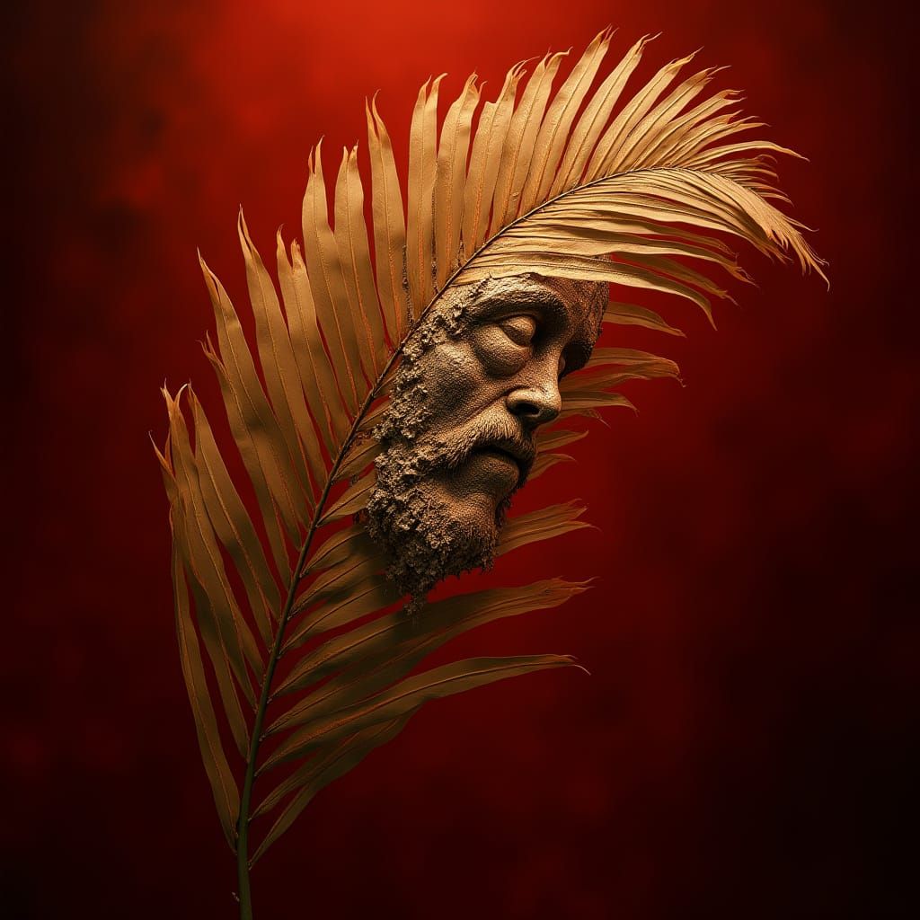 Christ's Face Emerges from Palm Frond in Fiery Red Haze