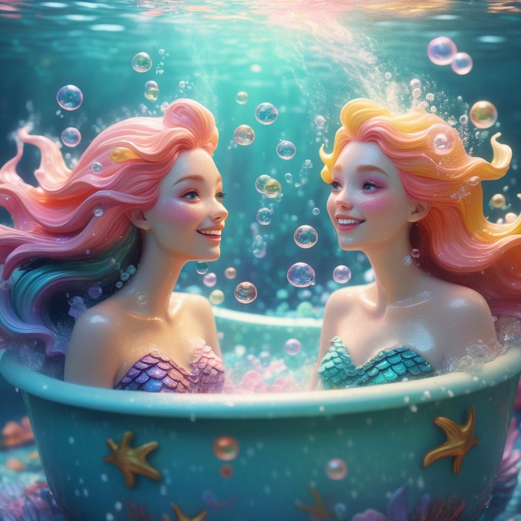 Cheerful Mermaids Play in Bathtub: Whimsical Digital Art