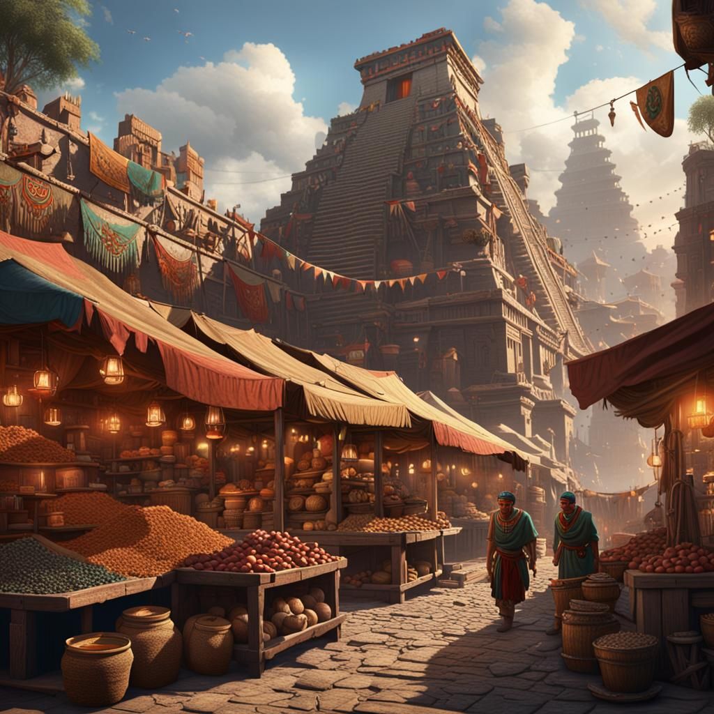 Aztec Market in Industrial Age: Detailed Matte Painting