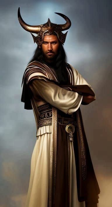 Nordic bronze age priest, wearing a horned helmet of spiritual authority