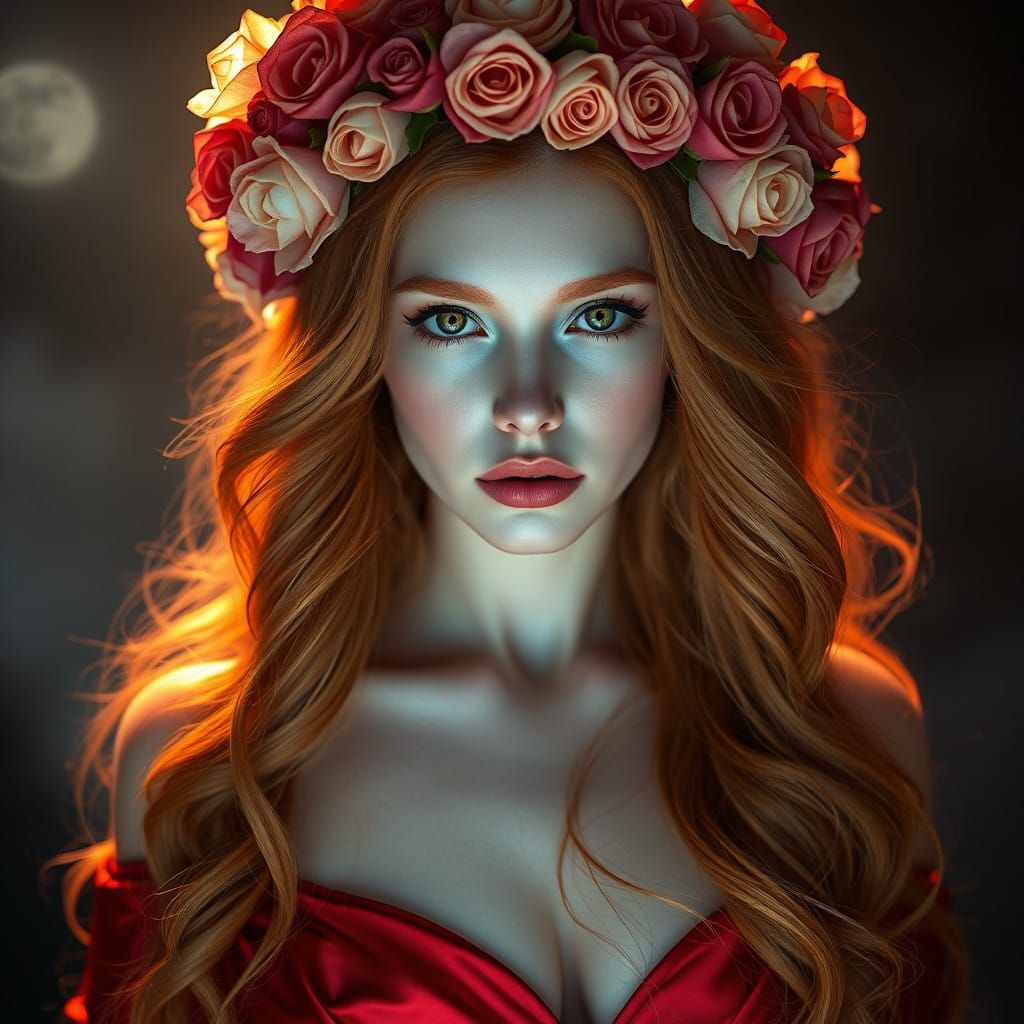 Ethereal Goddess in Rose Crowned Red Gown