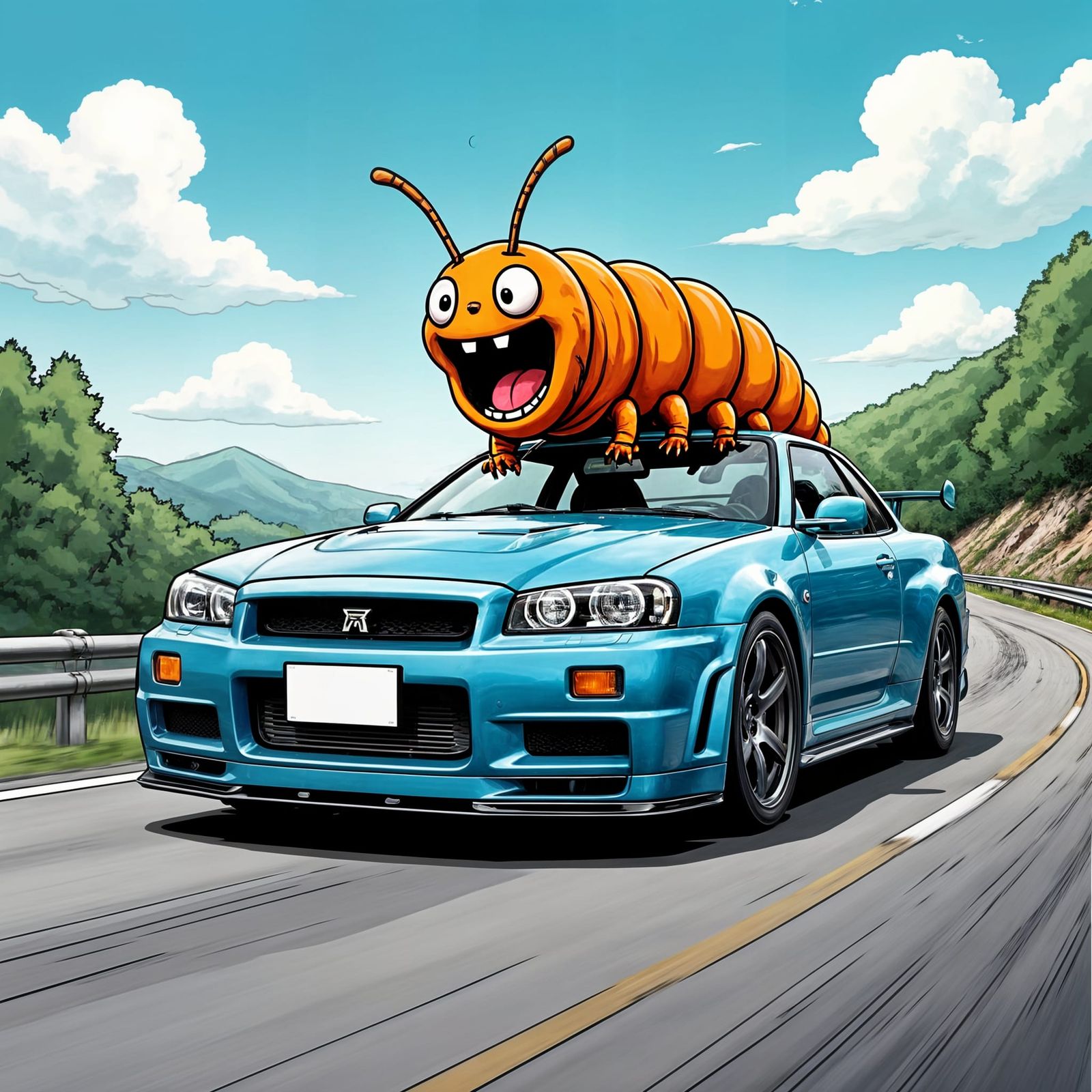 Excited Caterpillar on Skyline GT-R: Comic Illustration