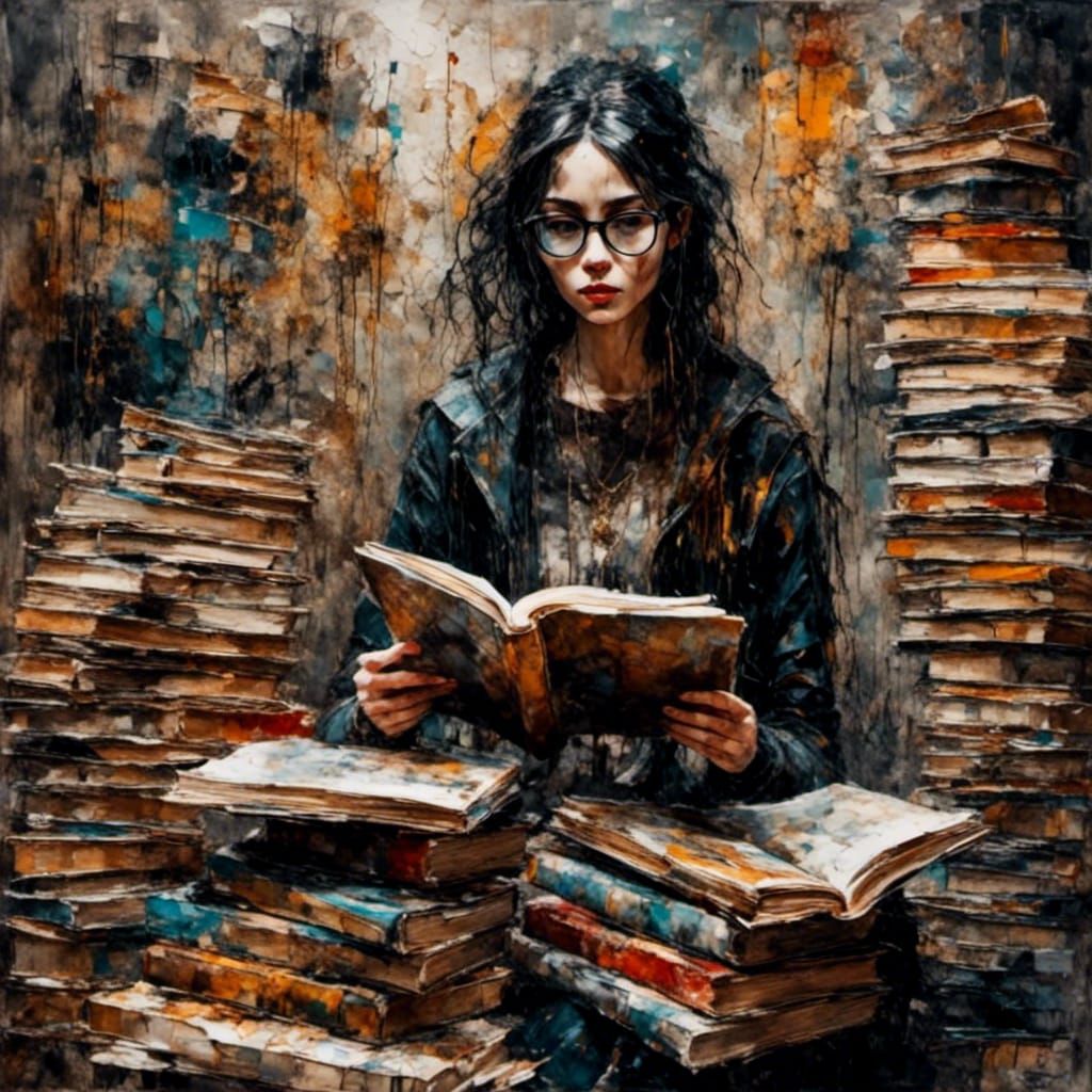 Cool Girl with Books in Library: Gouache Style