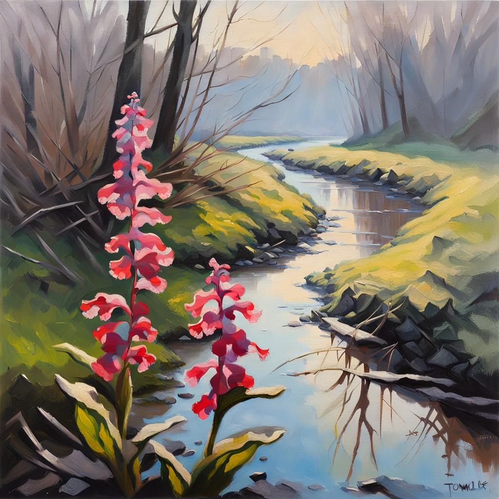Lungwort Flowers Bloom in Early Spring: Oil Painting