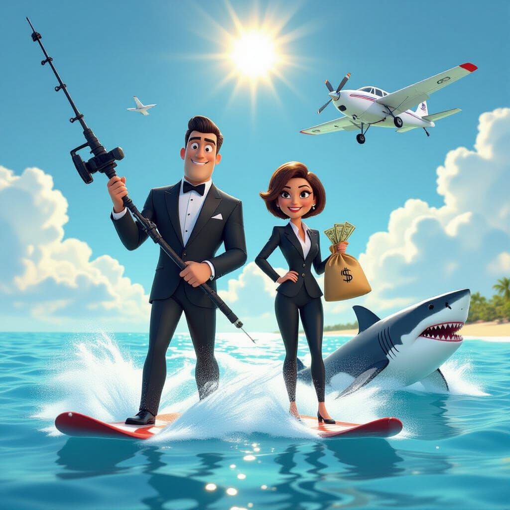 Pixar-Style Waterskiing Chase with Shark