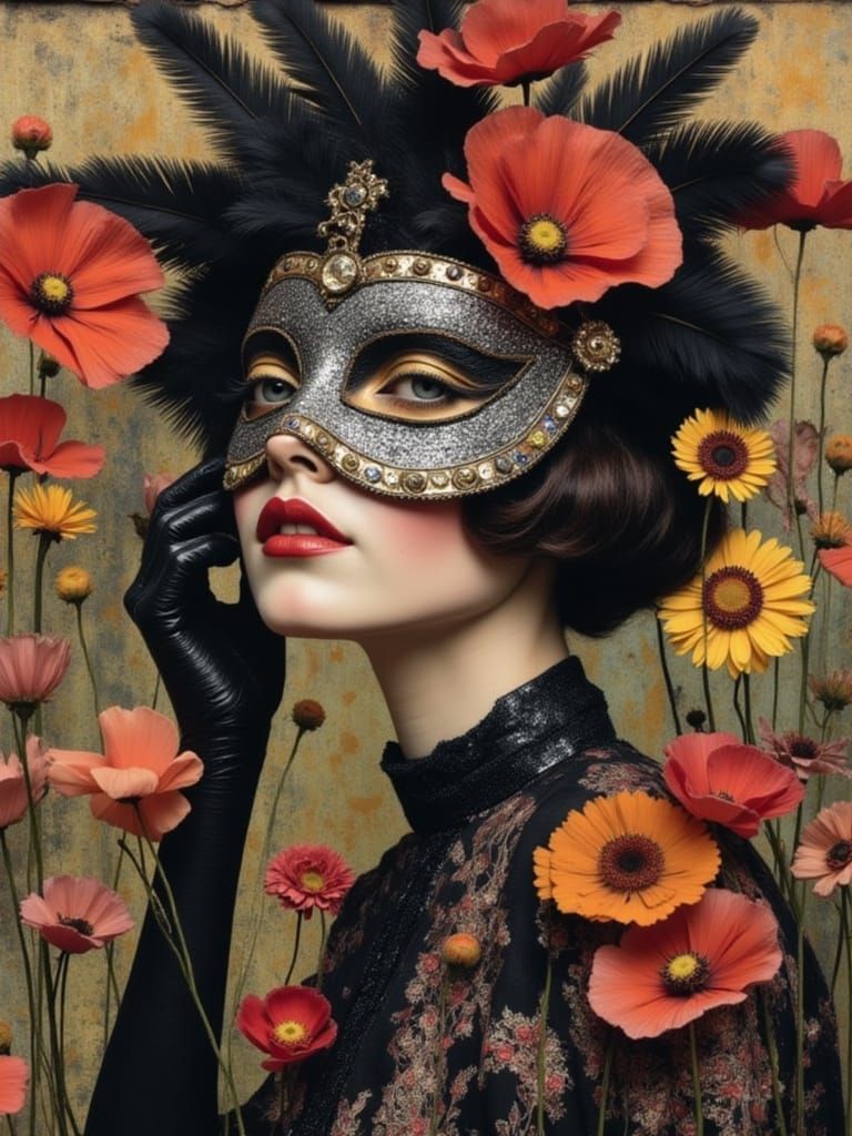 Bohemian Carnival Mask Collage with Flowers and Feathers
