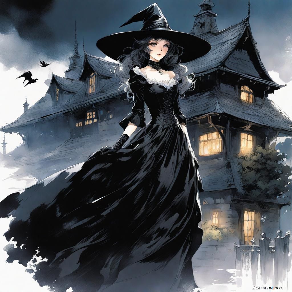 Young Witch in Black Wedding Dress: Digital Art