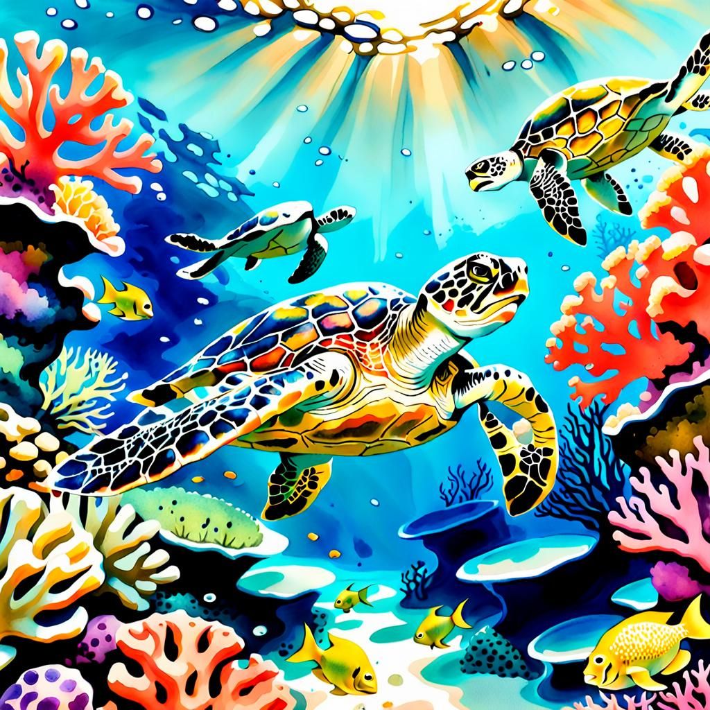 Sea Turtle Glides Through Coral Reef Cavern