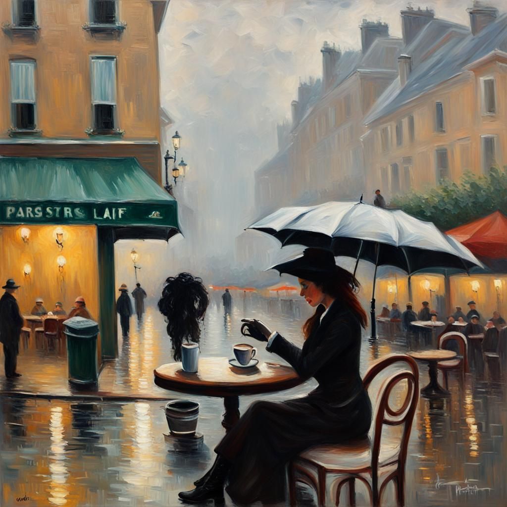 Rainy Day Cafe Scene in Impressionist Style