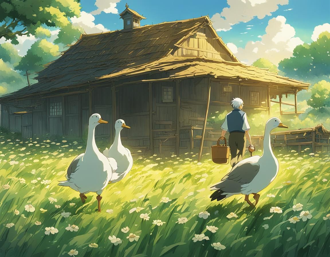 Golden Goose and Couple in Studio Ghibli Style