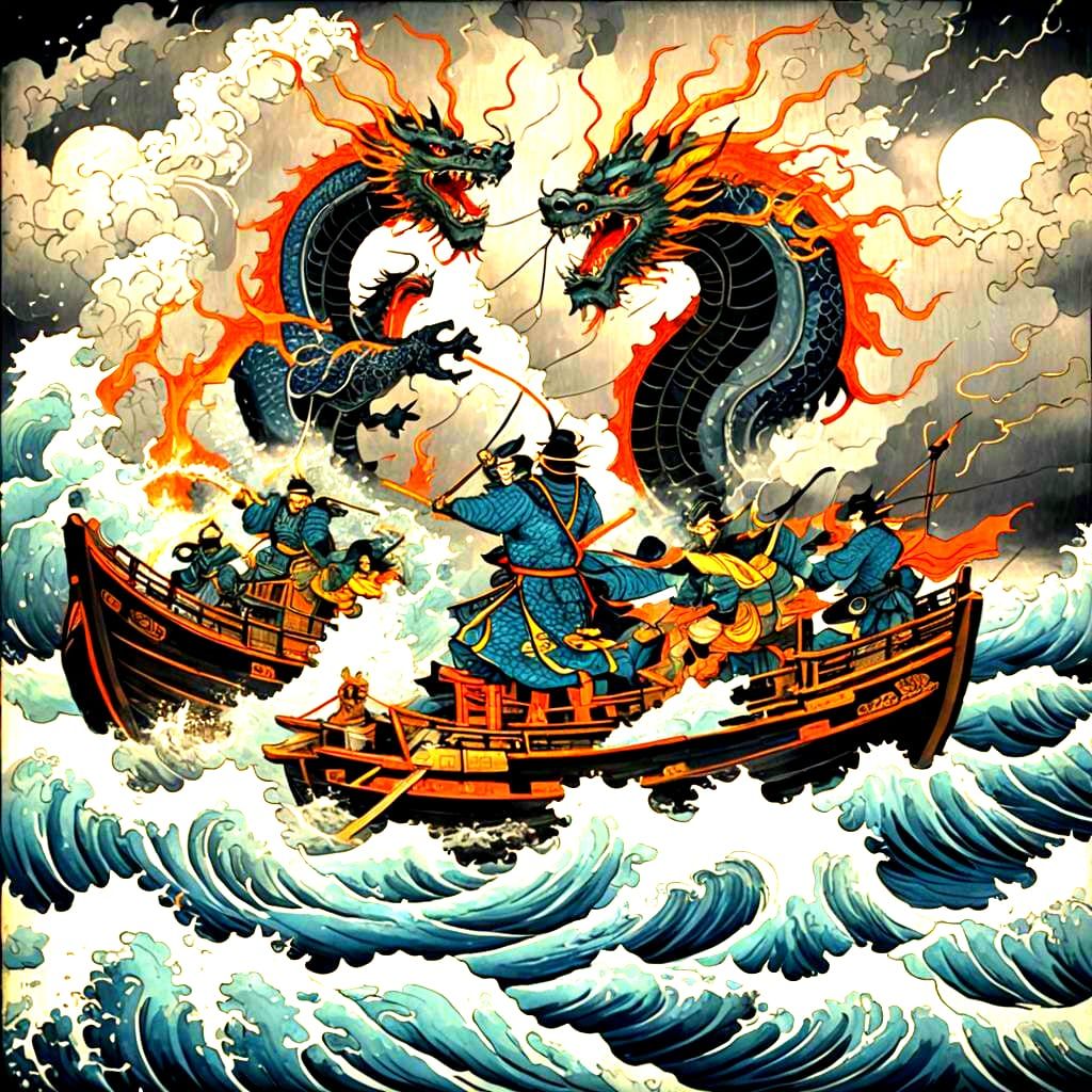 Samurai Warriors Fight Sea Dragon in Ukiyo-e Style