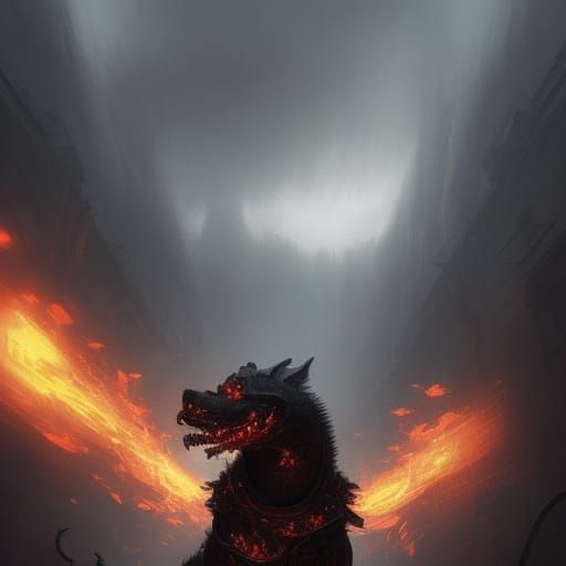 Draconic Dog in Flames: Dark Fantasy Concept Art