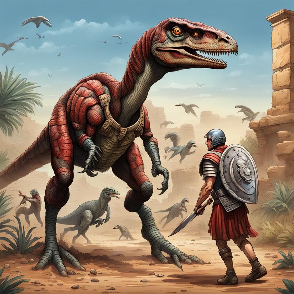 Roman Centurion meets a group of dinosaurs