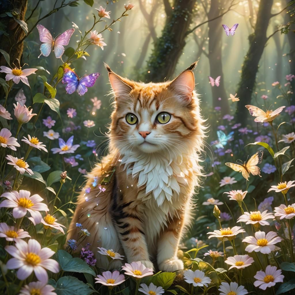 Fairy-Cat in Magical Forest with Dreamy Lighting
