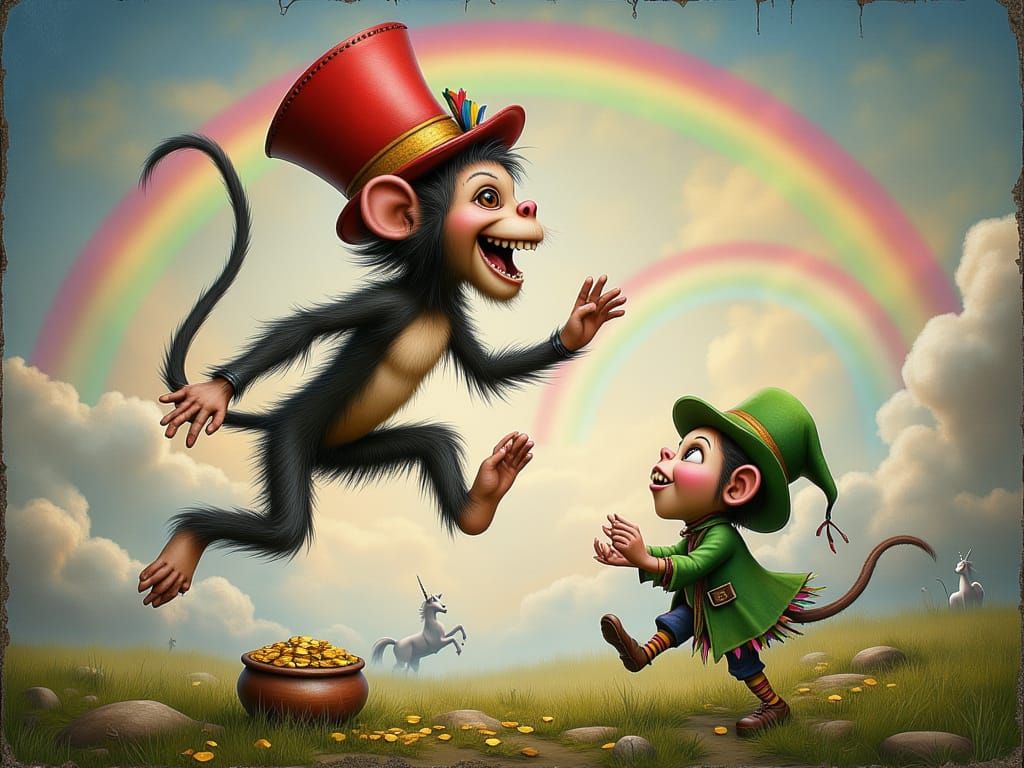 <lora:Ugly Dolls:1.0> A monkey with a hat on jumping over a ...