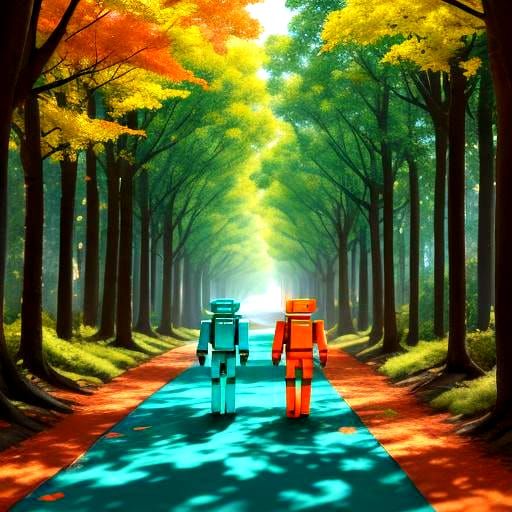 Robots Stroll Down Golden Road in Origami Style