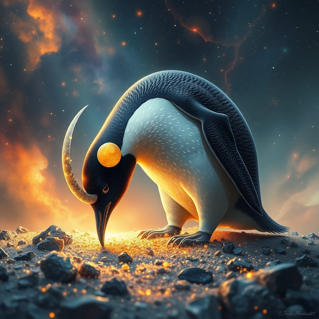 Celestial Penguin Grazing in Cosmic Nebula