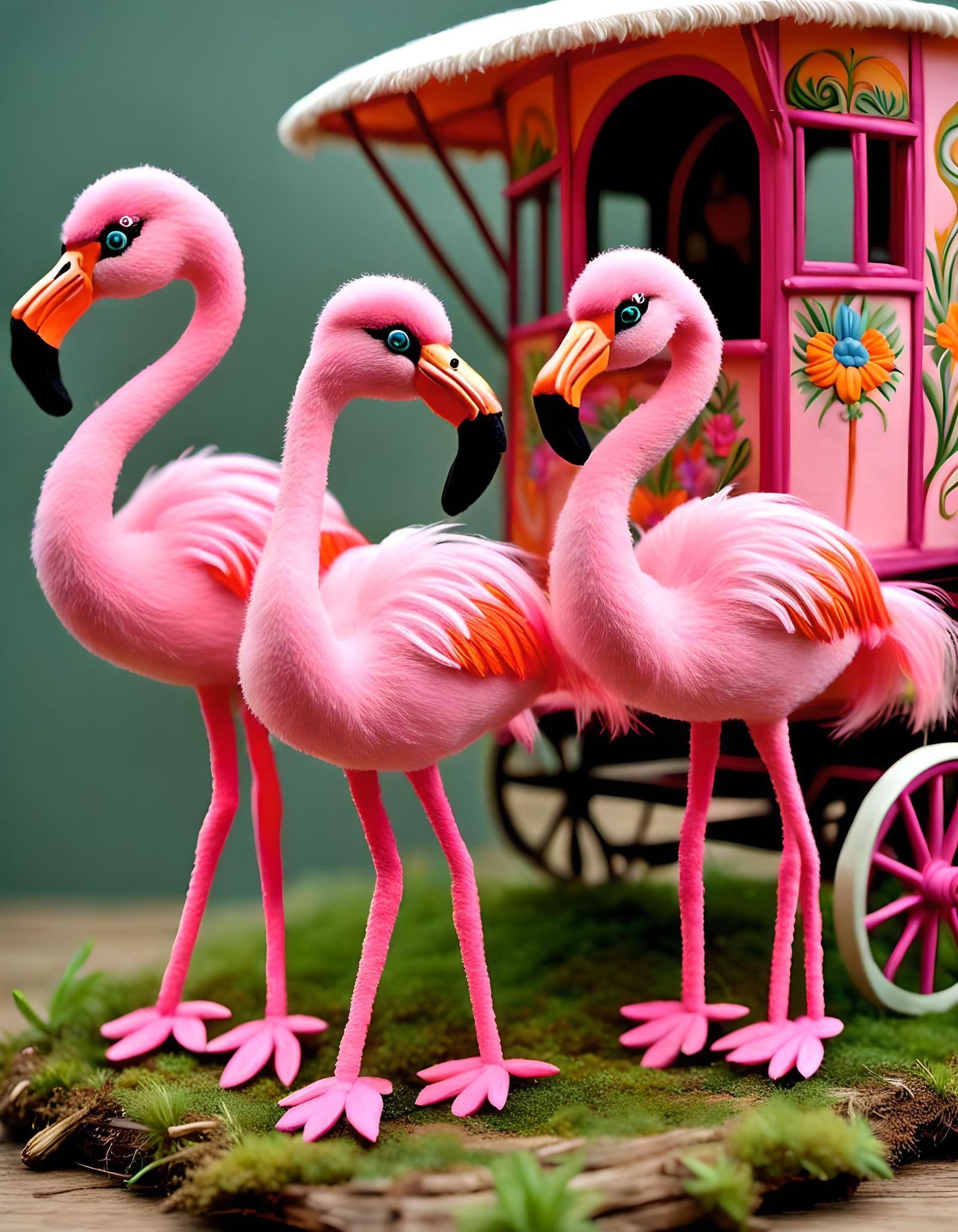 Miniature Flamingos Pulling a Gypsy Caravan