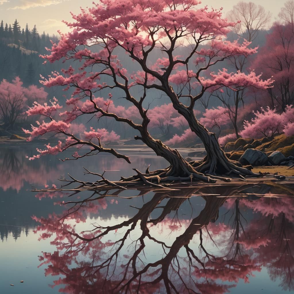 Pink Tree's Reflection Reveals Death, Digital Painting