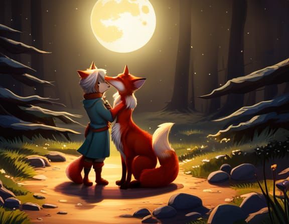 Chibi Foxes Kissing in Moonlit Forest, Matte Painting