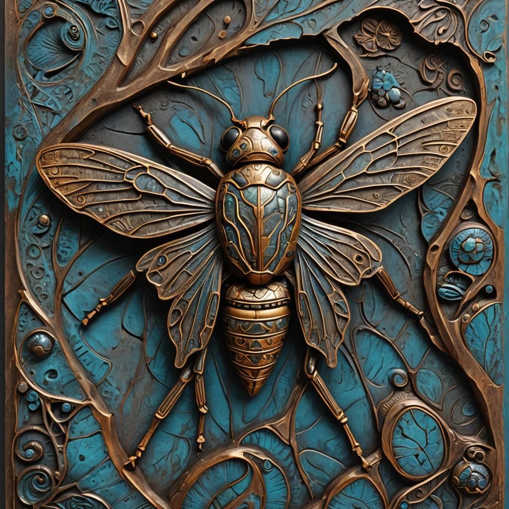 Bronze Bas-Relief Sculpture of Locust in Maori Style