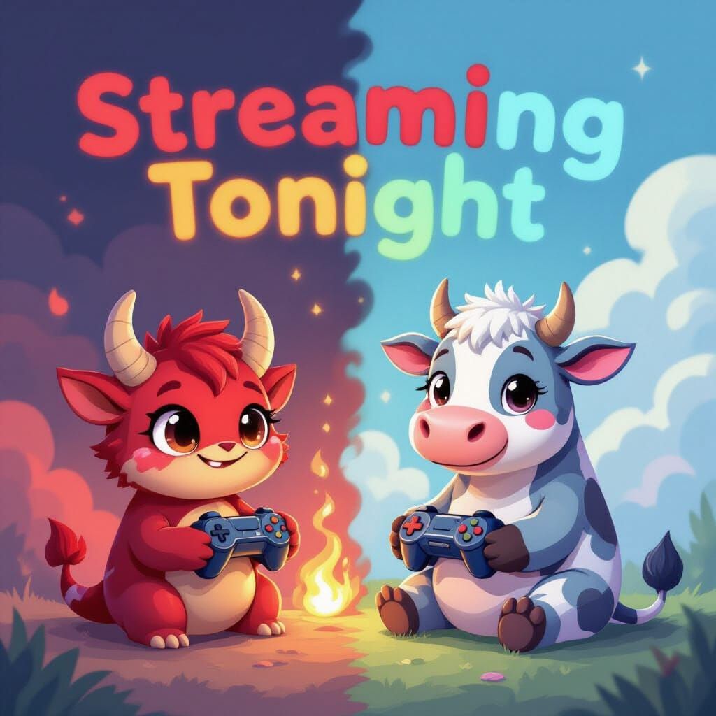 Cute Red Creature and Blue Cow Gaming Together
