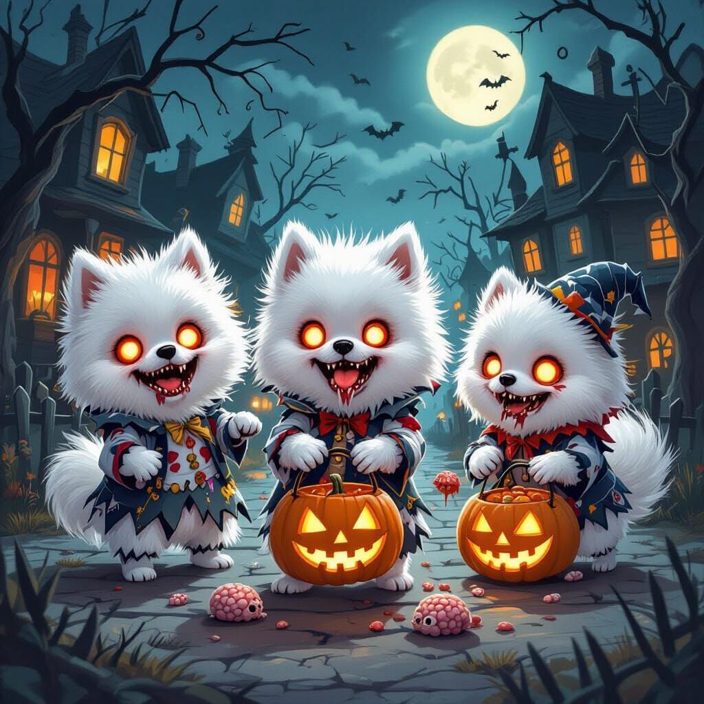 Zombie Pomeranians Trick-or-Treating in Spooky Halloween Sce...